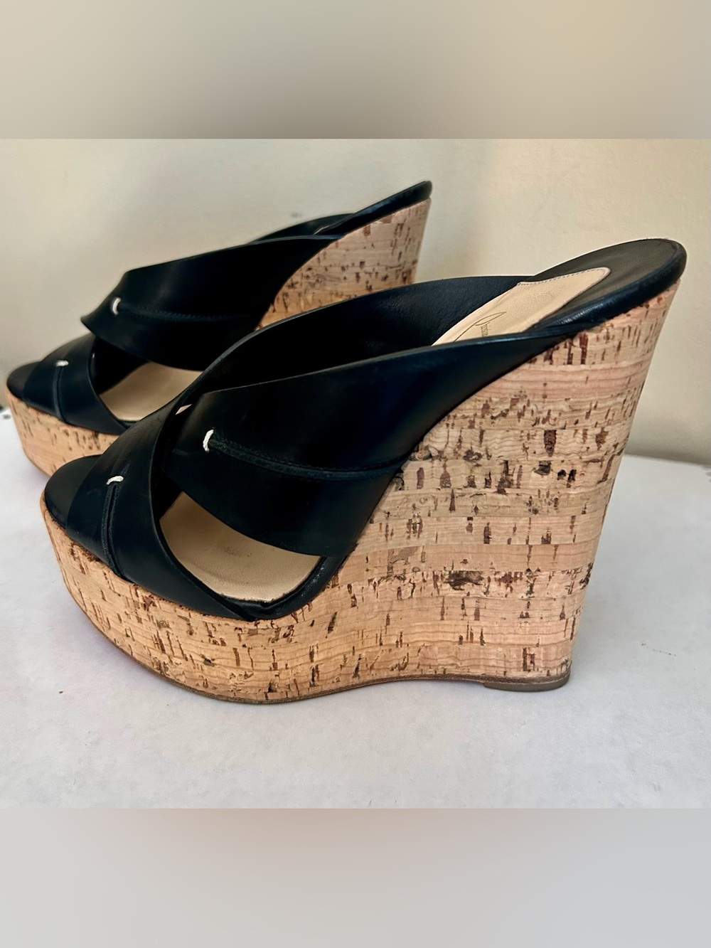 Christian Louboutin Black Leather Cork Wedge Sandals